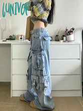 Lunivop Autumn Winter New Ladies Cargo Jeans American Street Style Baggy Pants Women Blue